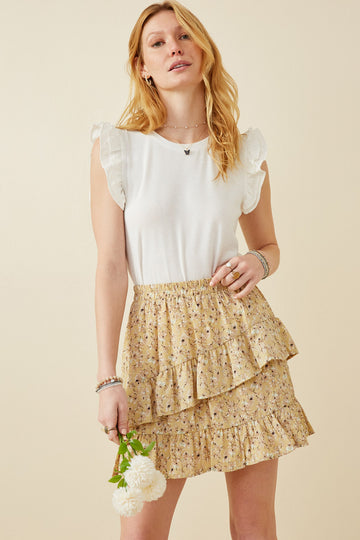 HY5664W Yellow Plus Floral Printed Asymmetric Ruffle Skirt Full Body 2